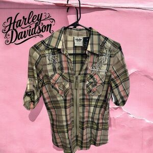 Harley-Davidson Plaid Button Down Shirt - Brown and Pink